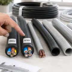 En hand pekar på olika typer av elkabel utomhus, inklusive EKKJ och N1XV, samt skyddsrör.