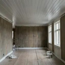 Ett rum med träpaneler och en stege, redo att måla väggar. Färgburkar och rollers står på golvet.