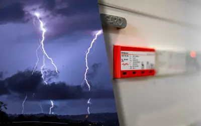 Blixtar över ett landskap till vänster, en åskskyddsenhet för en villa till höger.