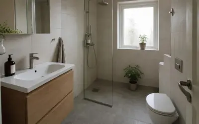 Modernt badrum med dusch, handfat och toalett. Tänk på renovera badrum pris för en liknande stil.