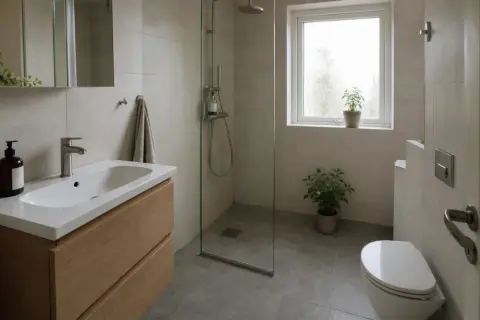 Modernt badrum med dusch, handfat och toalett. Tänk på renovera badrum pris för en liknande stil.