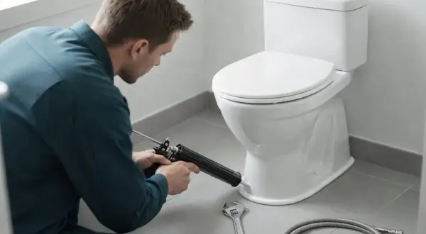 Man använder fogpistol för att montera toalettstol. Verktyg som skiftnyckel och slang ligger redo.
