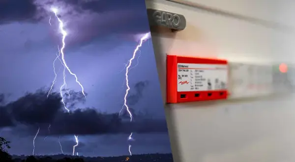Blixtar över ett landskap till vänster, en åskskyddsenhet för en villa till höger.