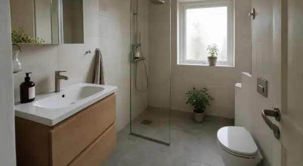Modernt badrum med dusch, handfat och toalett. Tänk på renovera badrum pris för en liknande stil.