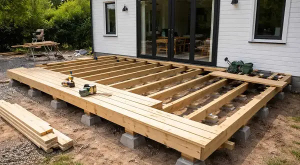 Byggnation av altan med synliga bjälkar och plintar. Trämaterial ligger redo för att färdigställa altanen.