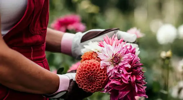 Händer i trädgårdsgloves plockar en bukett med färgglada dahlior. En dahlia i kruka kan vara lika vacker.
