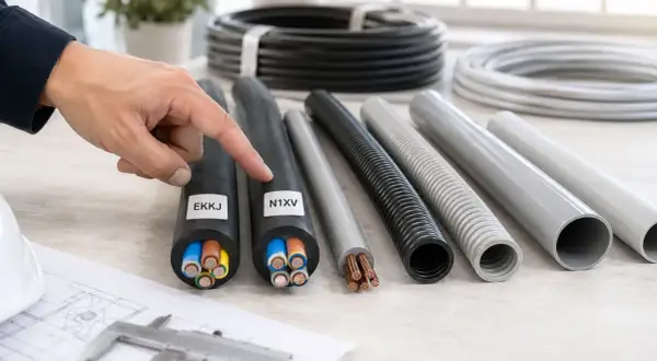 En hand pekar på olika typer av elkabel utomhus, inklusive EKKJ och N1XV, samt skyddsrör.