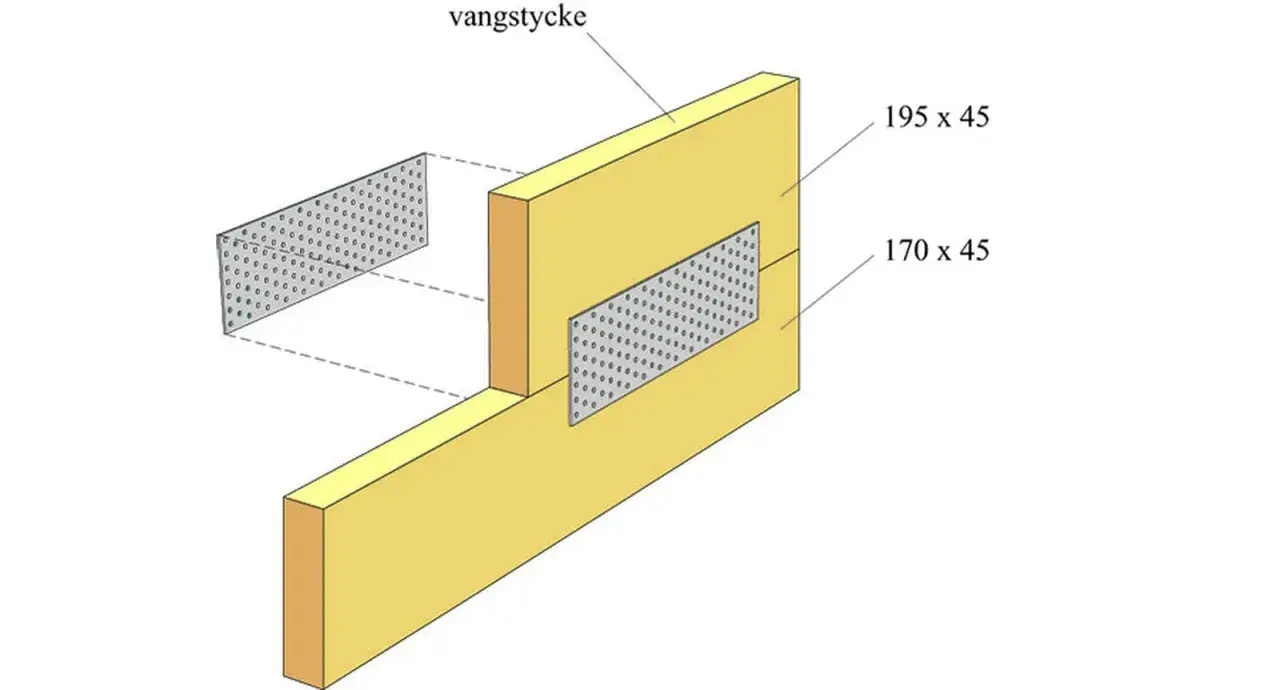 Detaljerad illustration av hur man kan bygga trappa altan med vangstycke och metallpl&aring;tar f&ouml;r f&ouml;rst&auml;rkning.
