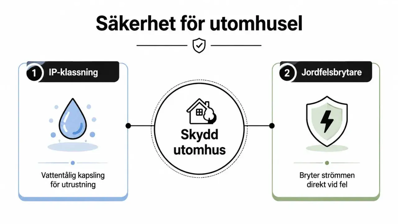 Diagram visar säkerhet för utomhusel med IP-klassning och jordfelsbrytare. Viktigt för elkabel utomhus.