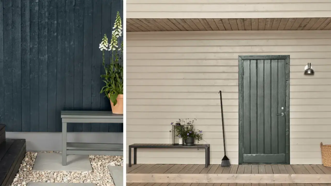 Två husfasader. Till vänster mörkblå träpanel med en bänk och blommor. Till höger ljus träpanel med en mörk dörr, bänk och kvast. Perfekt för att måla hus!