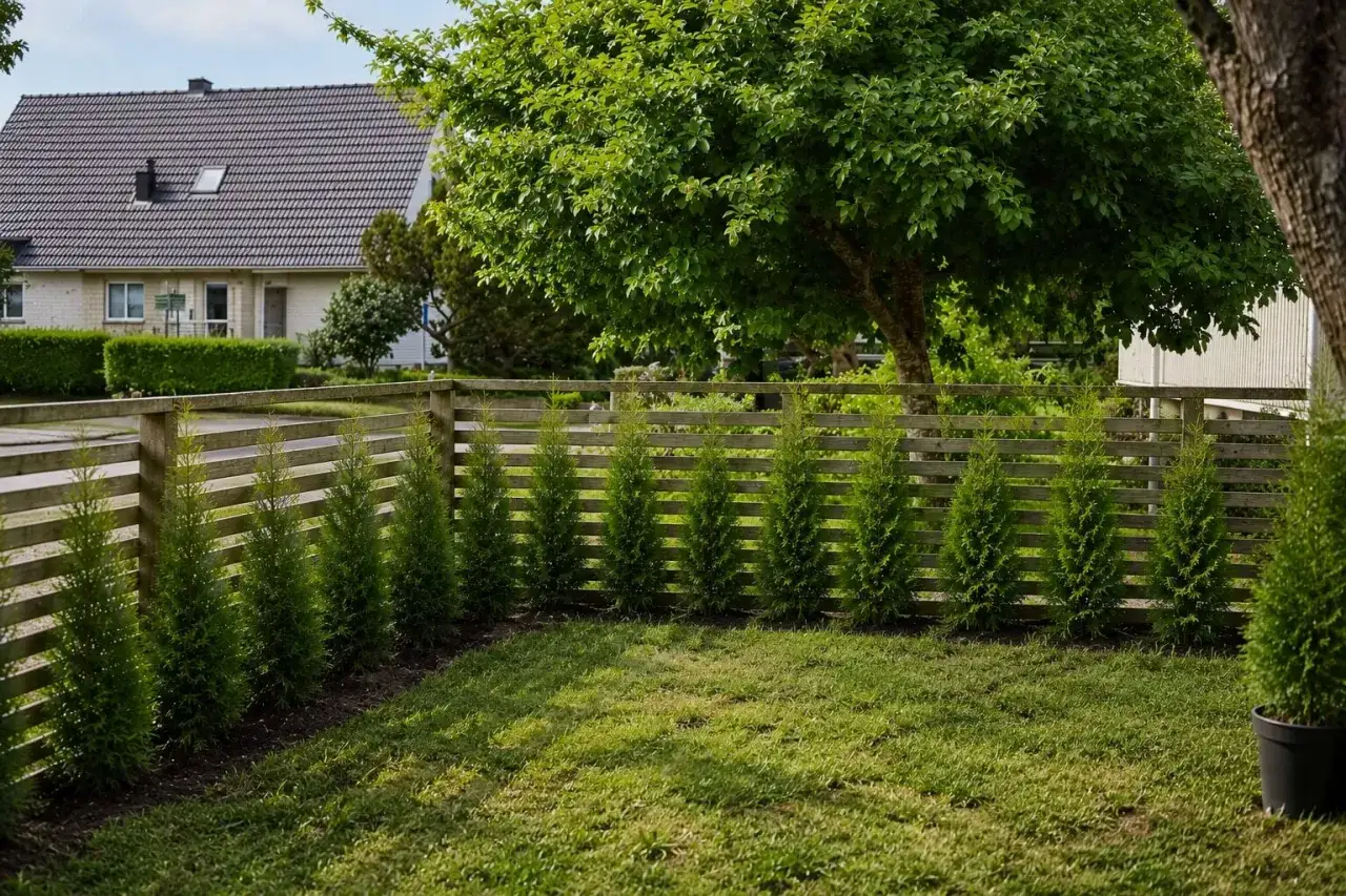 Rad med nyplanterade thuja l&auml;ngs en tr&auml;staket. En vacker tr&auml;dg&aring;rd som v&auml;xer fram.