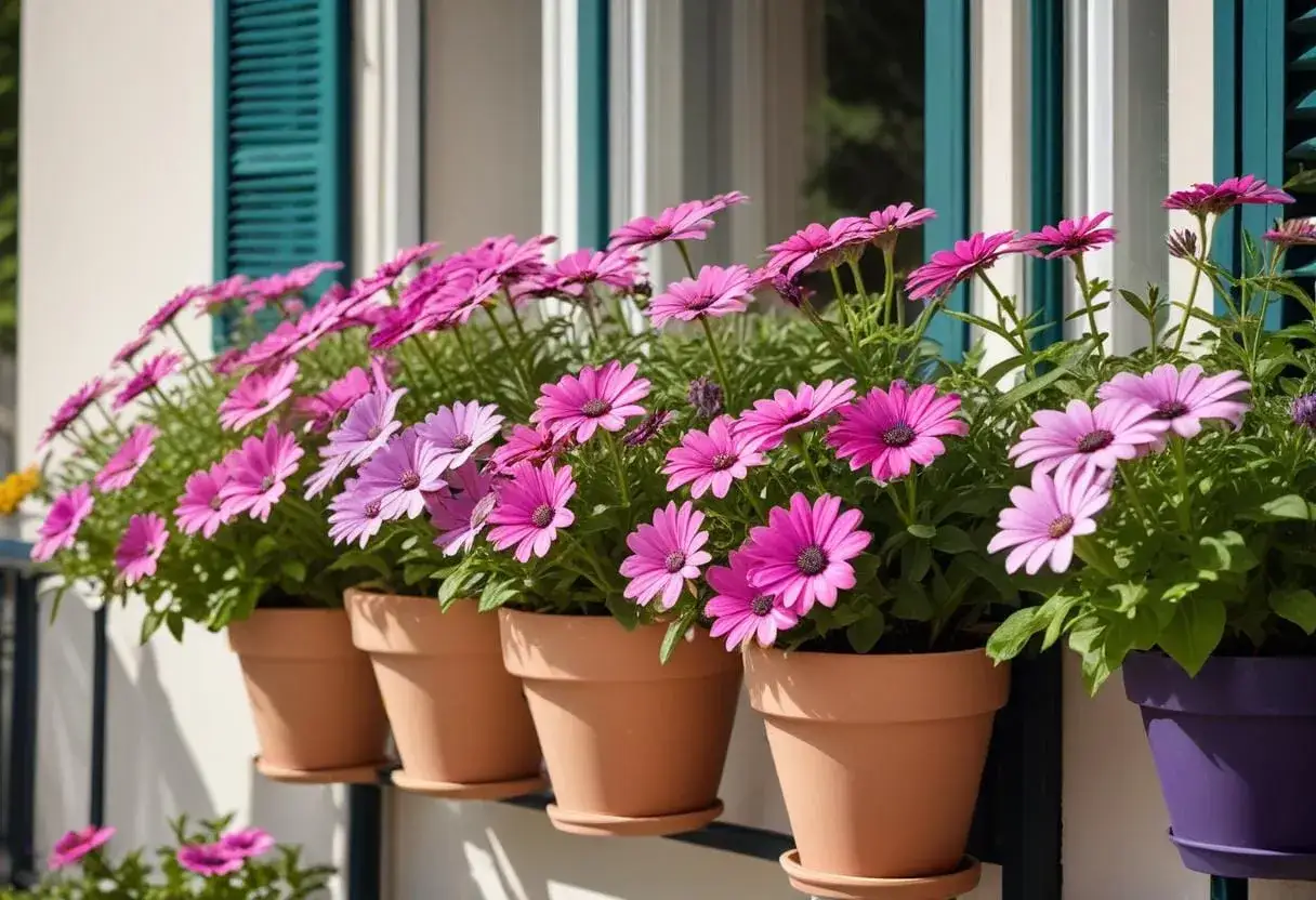 F&auml;rgglad verbena i kruka blommar vackert vid f&ouml;nstret.
