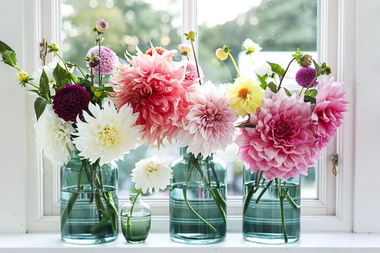 En bukett med dahlia i kruka på en fönsterbräda. Blommorna är i rosa, vita, lila och gula nyanser.