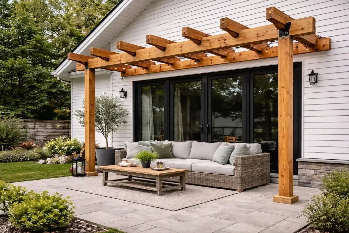 En ny pergola byggd p&aring; befintlig altan ger skugga och mysbelysning. En bekv&auml;m soffgrupp inbjuder till avkoppling.