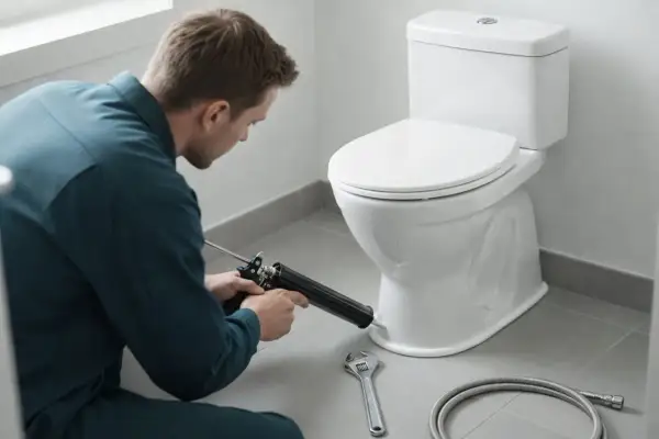 Man använder fogpistol för att montera toalettstol. Verktyg som skiftnyckel och slang ligger redo.